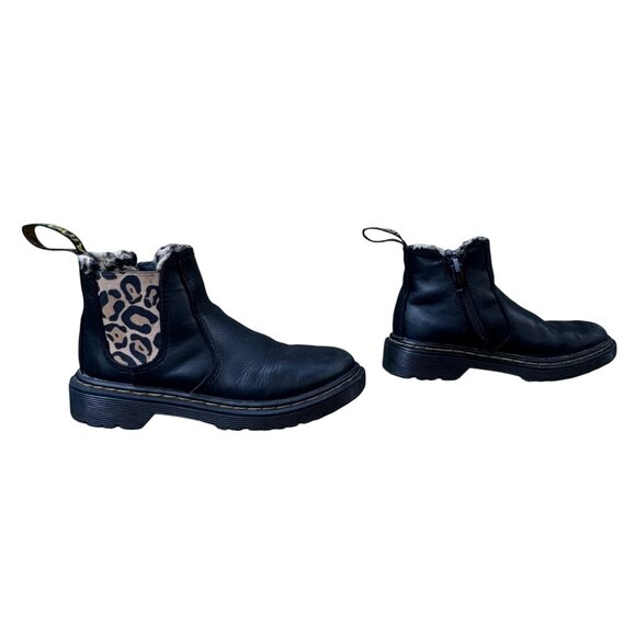 DR DOC MARTENS Leopard Lined Chelsea Boots Girls 12 29 EU Faux Fur Pull On Boot - Picture 1 of 9
